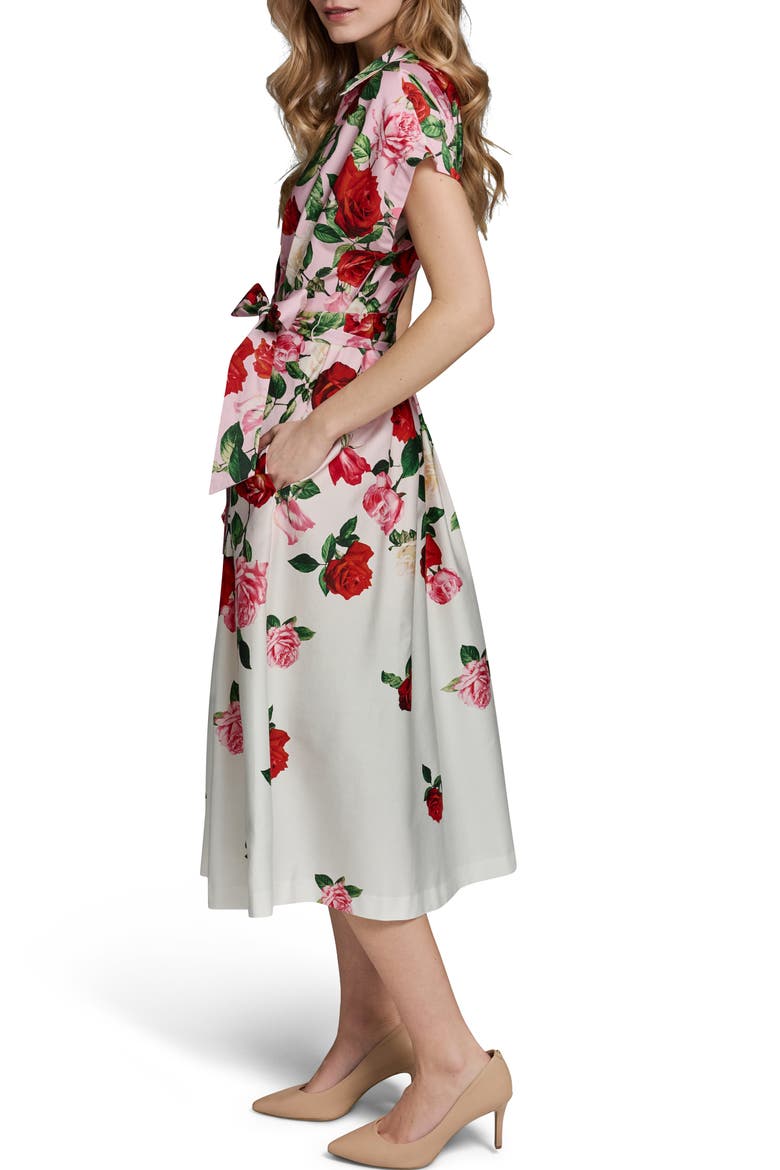 Placed Floral Stretch Cotton Midi Shirtdress