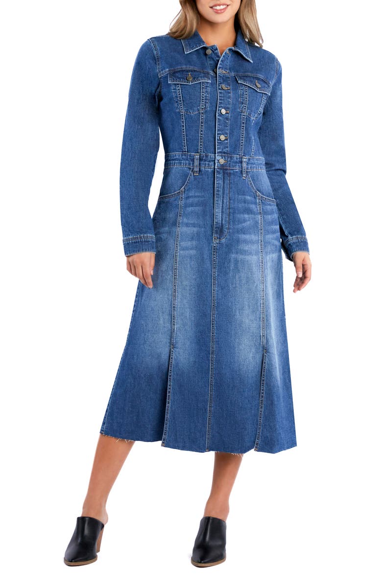 Sway Raw Hem Long Sleeve Denim Midi Shirtdress