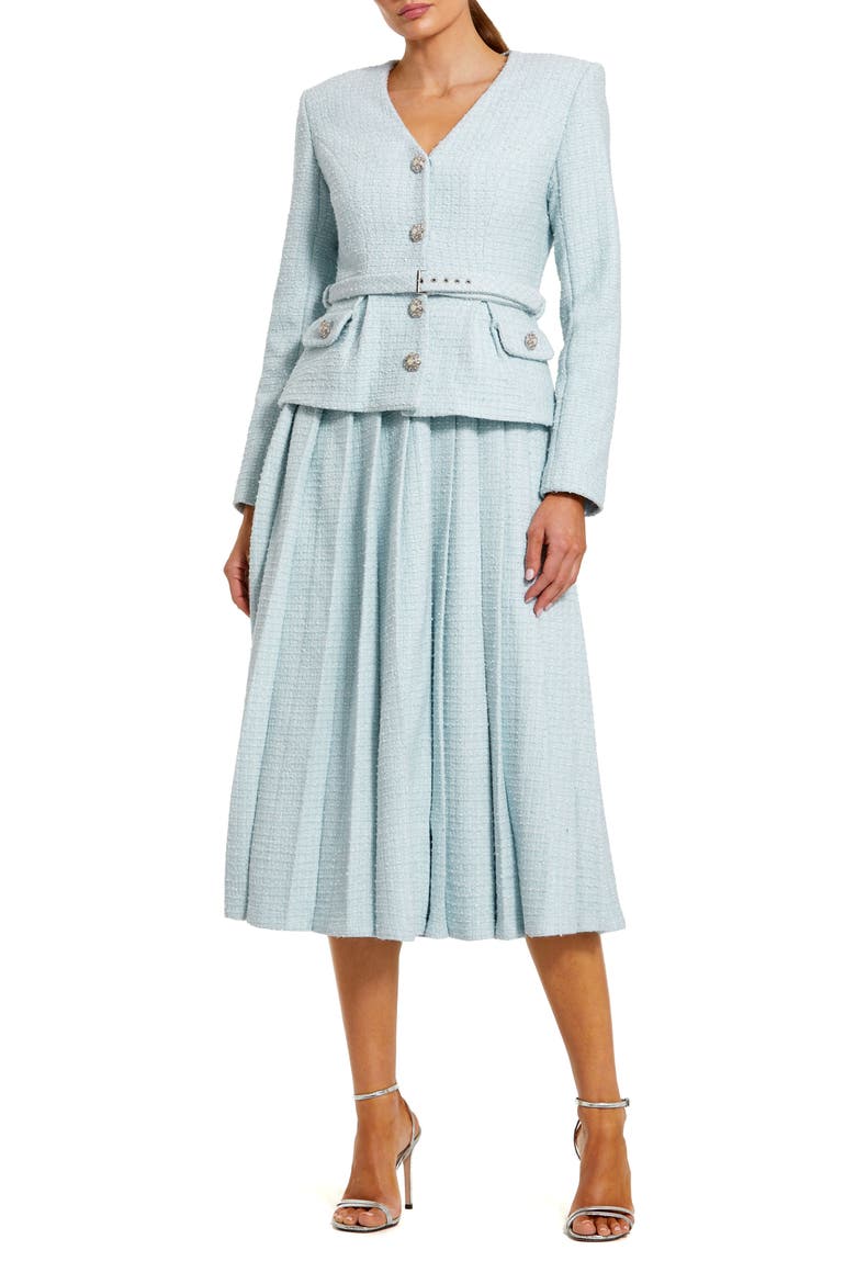 Long Sleeve Bouclé Midi Dress with V-Neck and Decorative Buttons