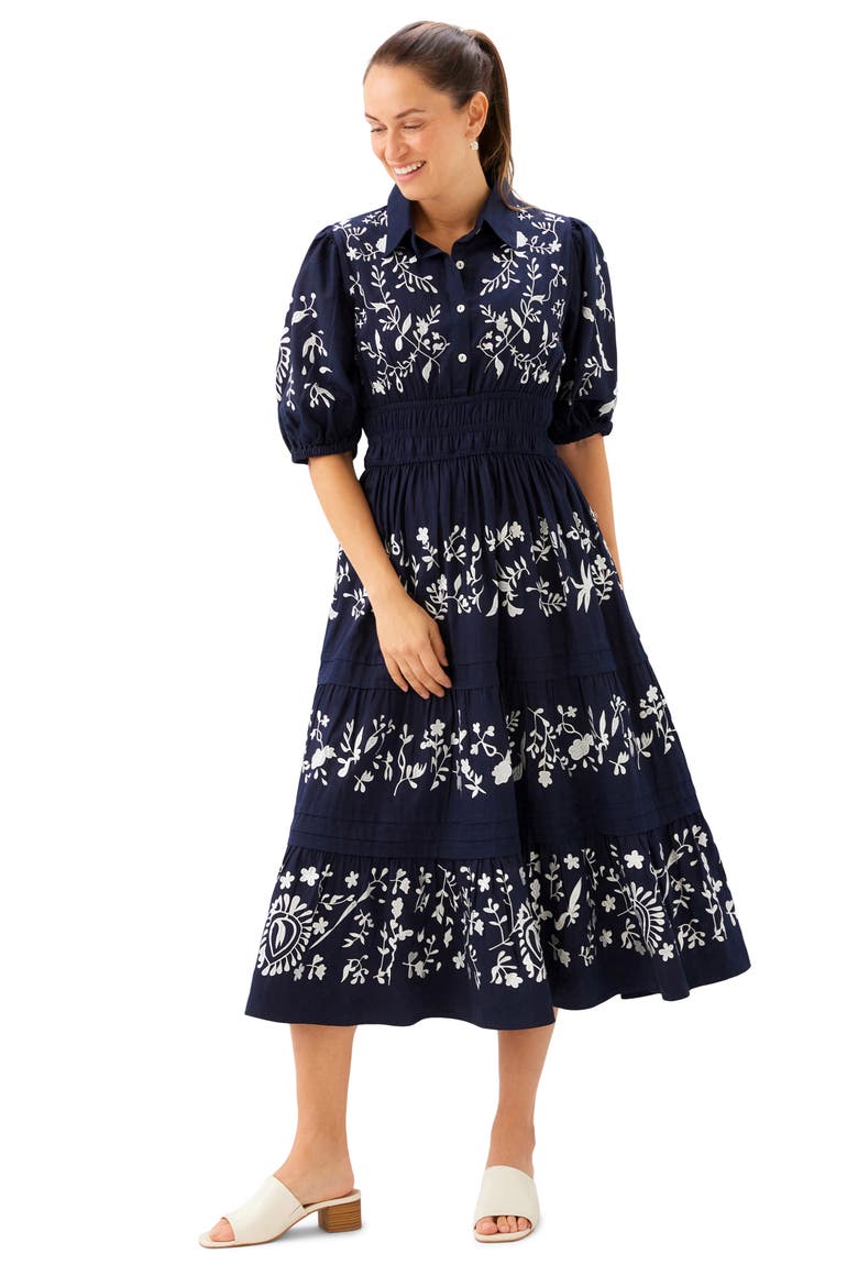Embroidered Puff Sleeve Tiered Midi Dress