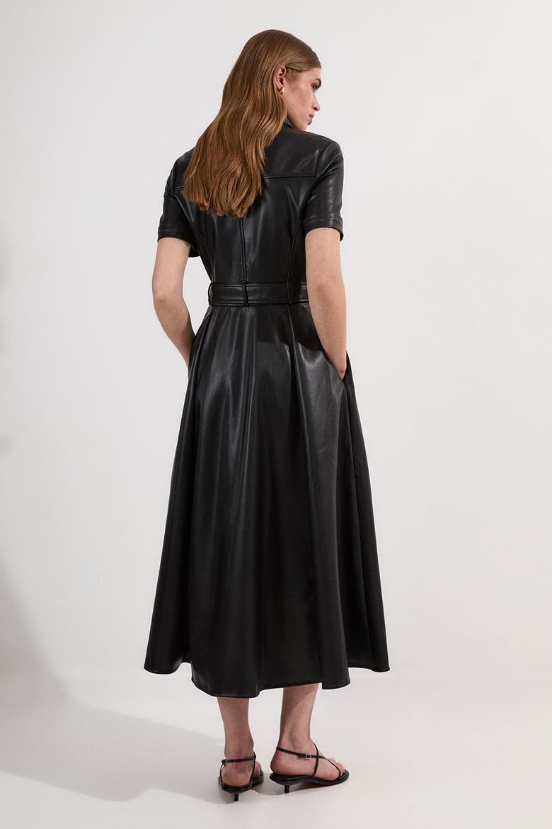 Faux Leather Belted Midi Shirt Dress