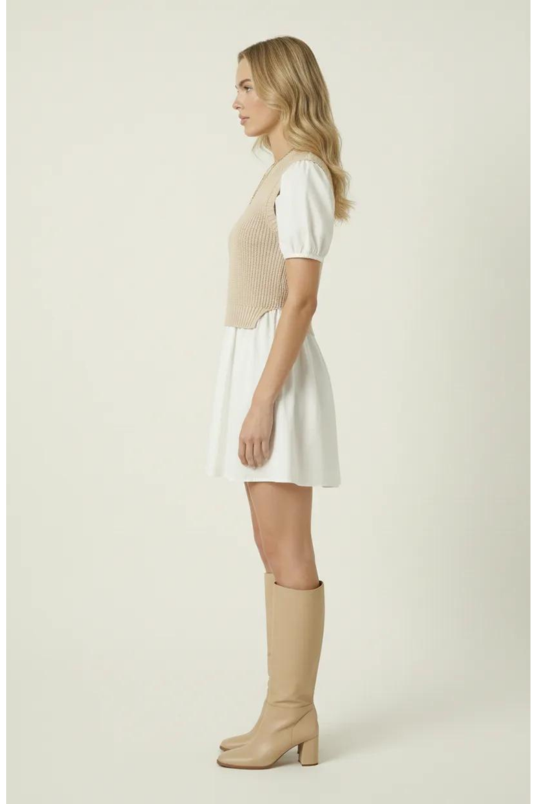Ribbed Sleeveless Sweater Dress with Puff Sleeves