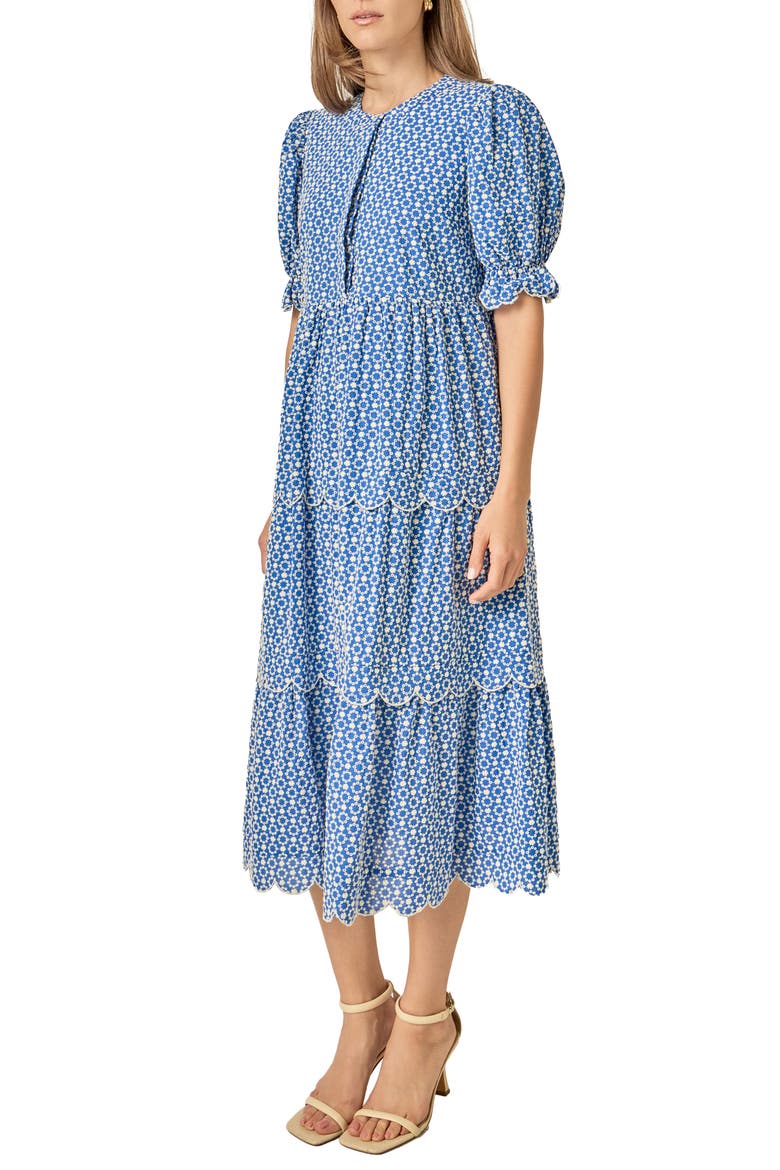Scalloped Print Cotton Midi Dress