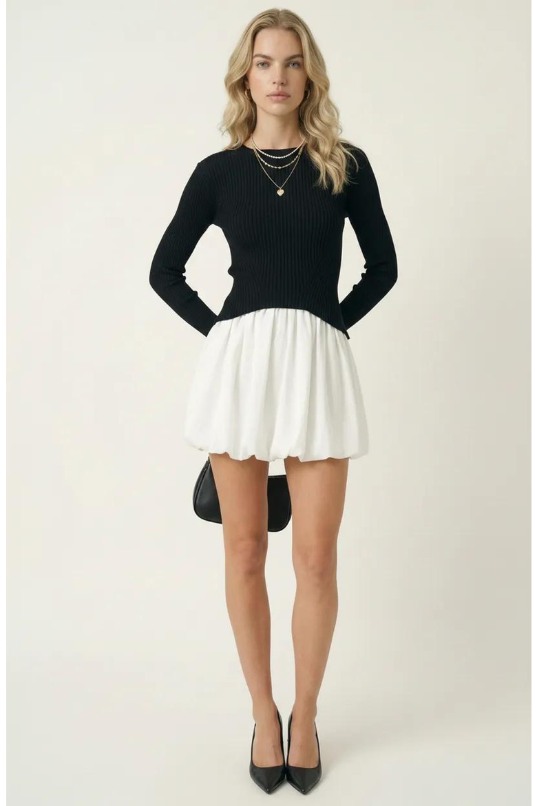 Knit and Woven Fit-and-Flare Mini Dress with Ribbed Long Sleeve Top