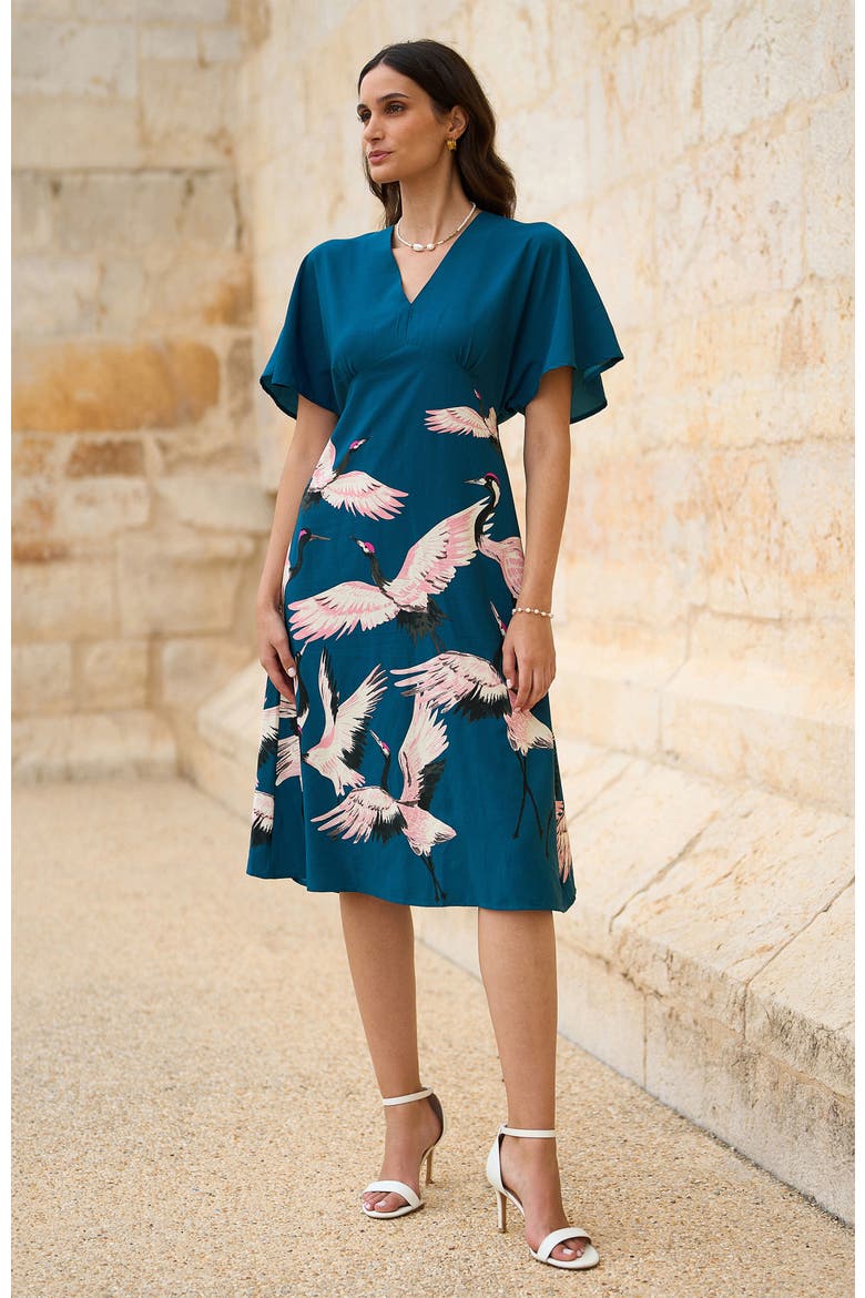 Crane Print Midi Dress