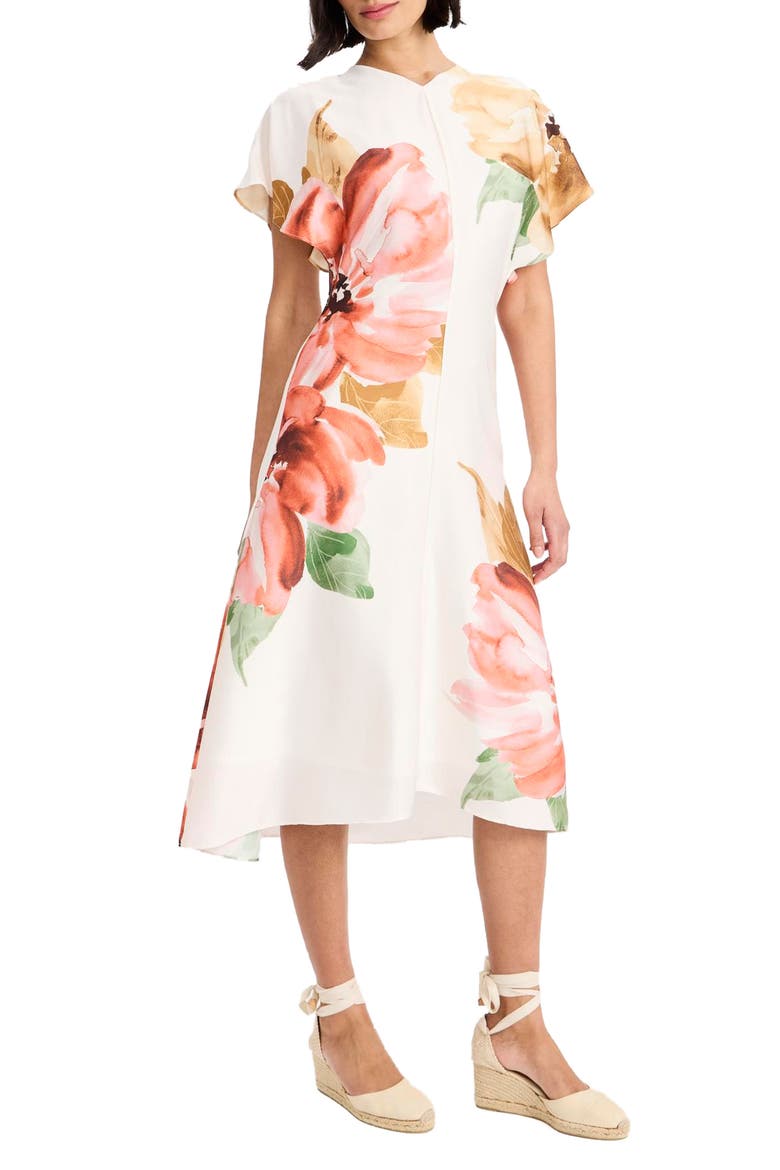 Floral Print Flutter Sleeve Midi Dress