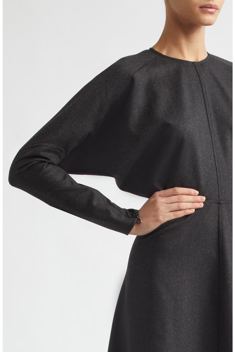 Dolman Long Sleeve Wool Twill Midi Dress