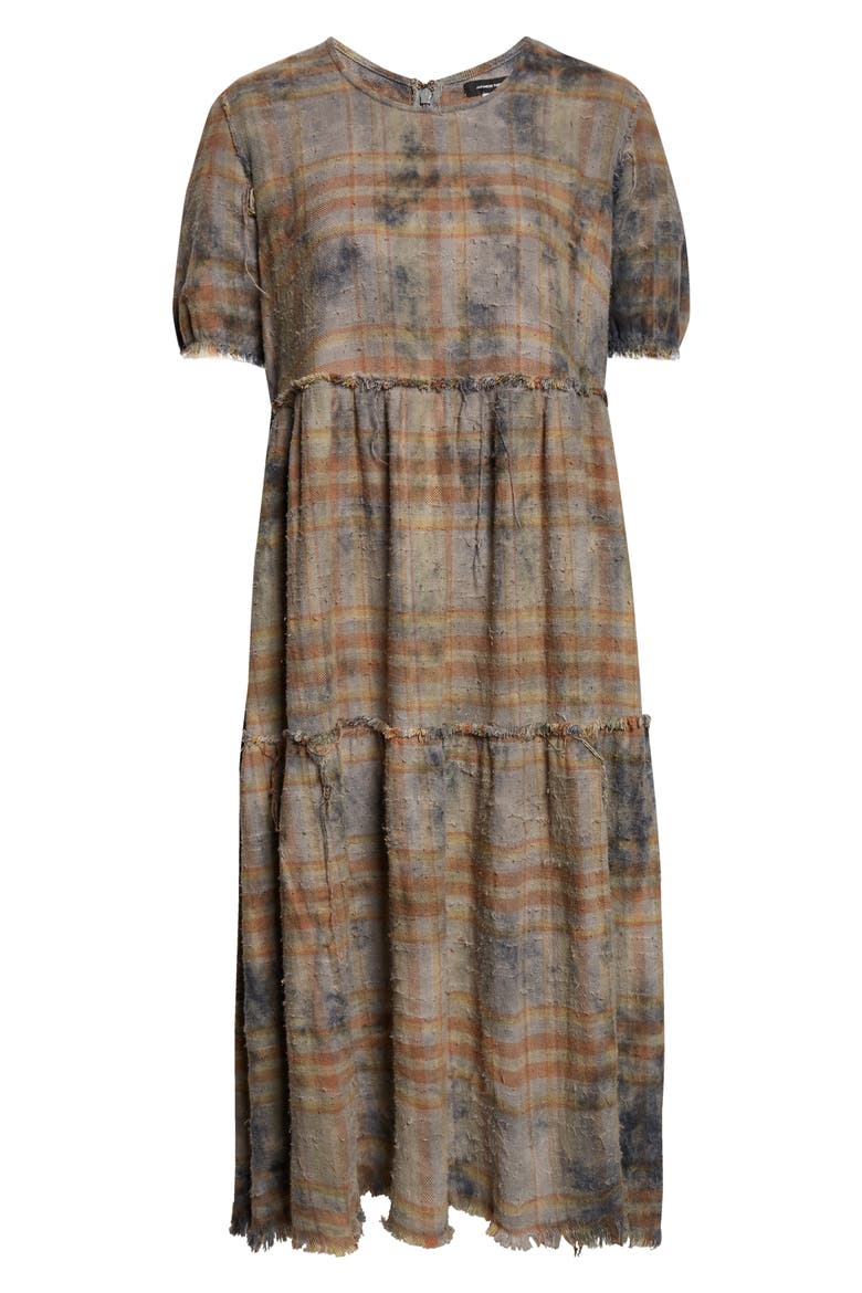 Plaid Shredded Relaxed Cotton Flannel Midi Dress
