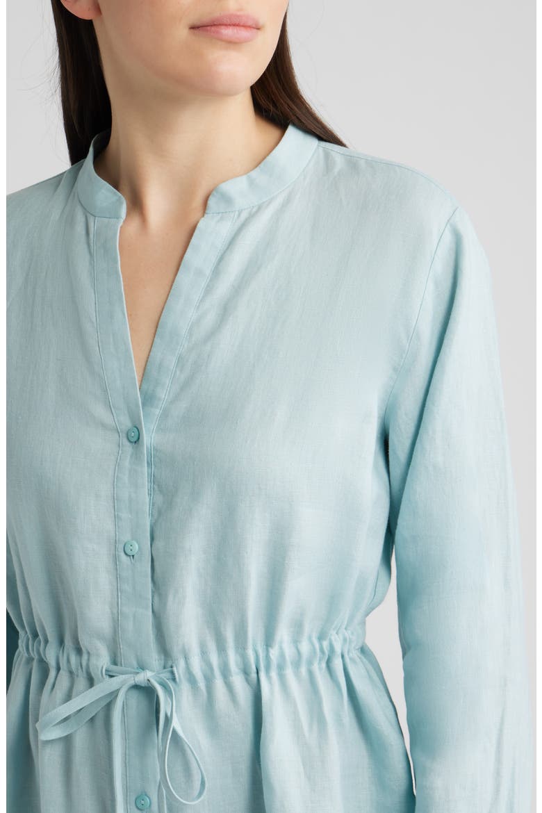 Mandarin Collar Long Sleeve Organic Linen Midi Shirtdress