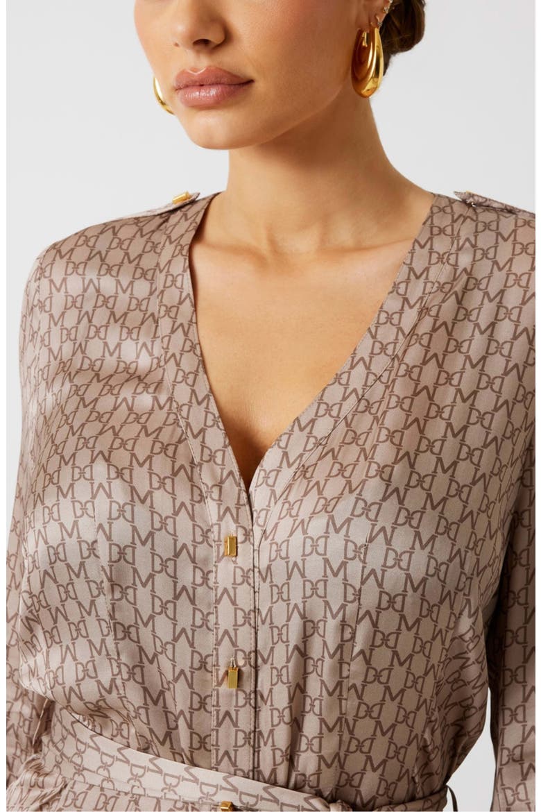 Britney Logo Print Long Sleeve Satin Shirtdress