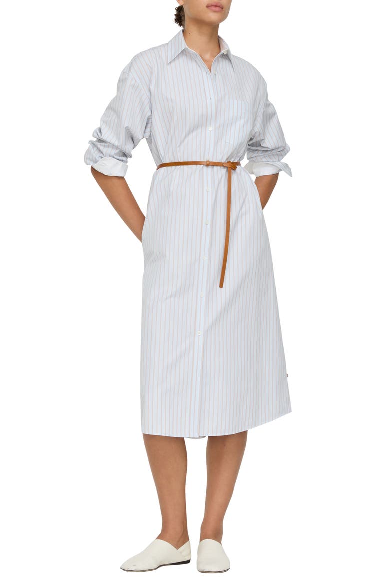 Aurora Stripe Long Sleeve Belted Oversize Cotton Poplin Midi Shirtdress