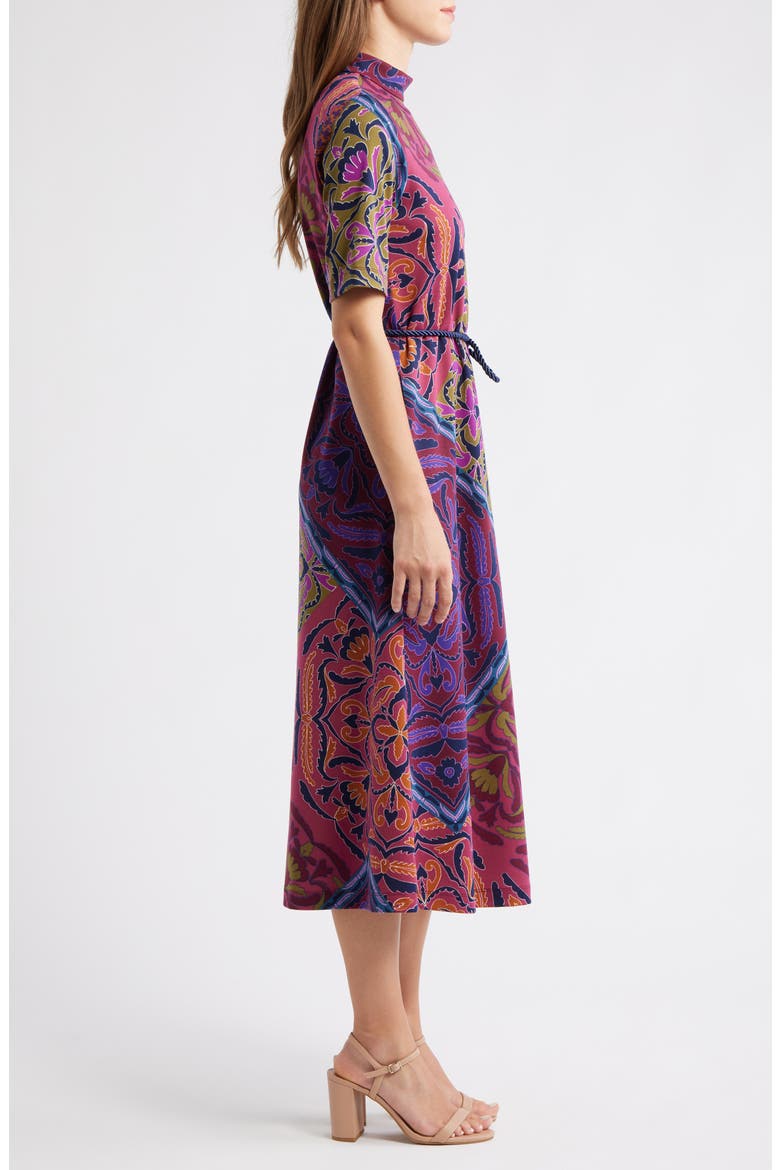 Print Tie Belt Midi Dress