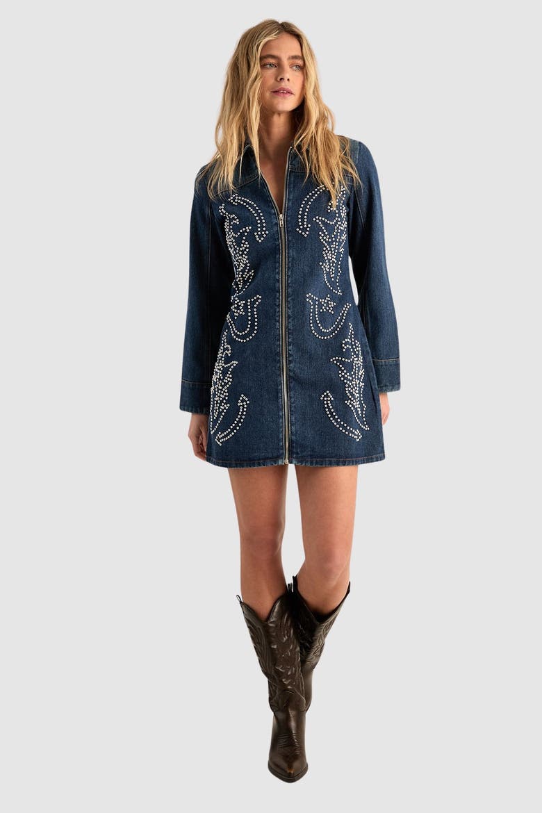 Studded Zip Front Denim Mini Dress