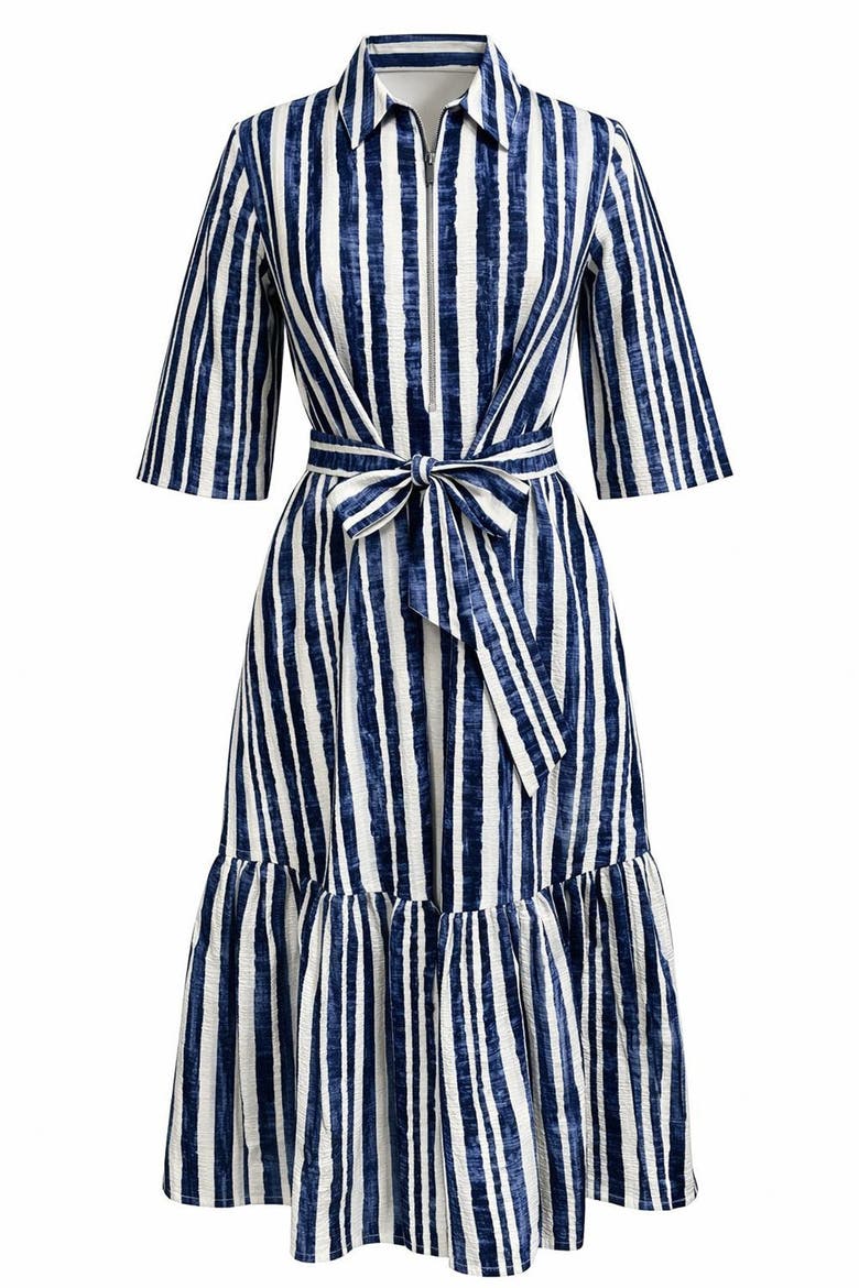 Darcio Shirt Collar Short Sleeve Belted Midi Dress