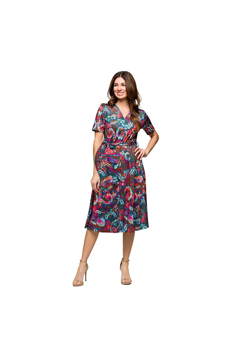 Maternity Brown and Pink Print Short Sleeve Tie Waist Midi Dress
