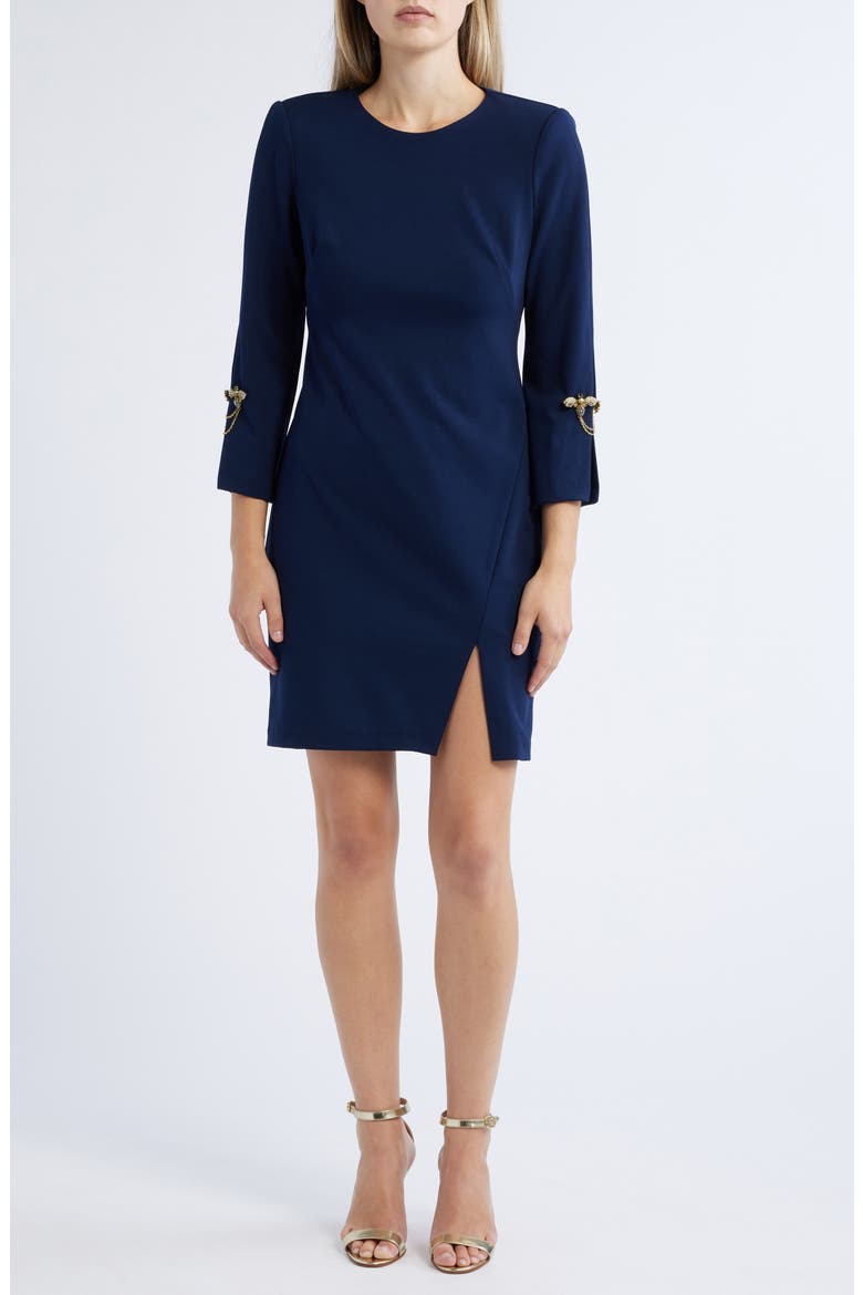 Brooch Detail Long Sleeve Crepe Shift Dress