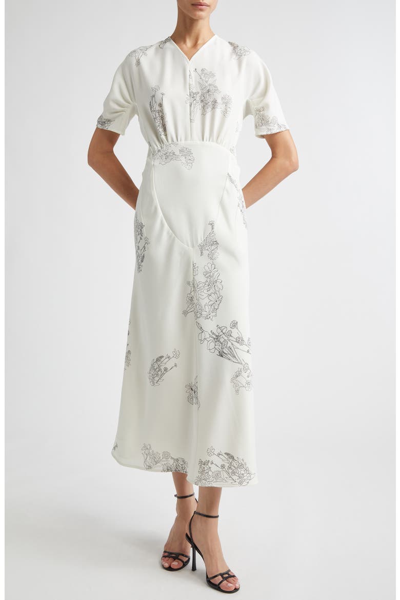 Gathered Detail Floral Stretch Cady Midi Dress