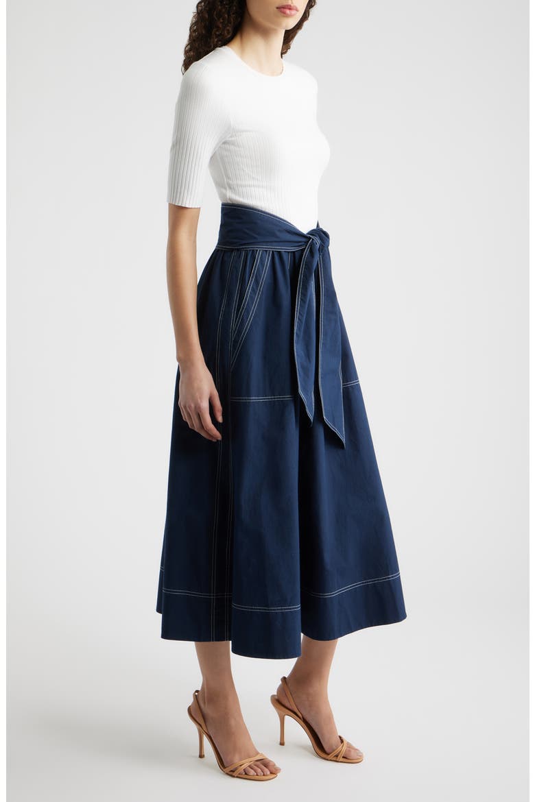 Mixed Media Tie Front Midi Dress