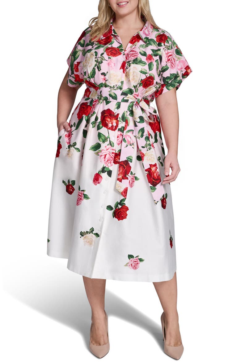 Placed Floral Stretch Cotton Midi Shirtdress