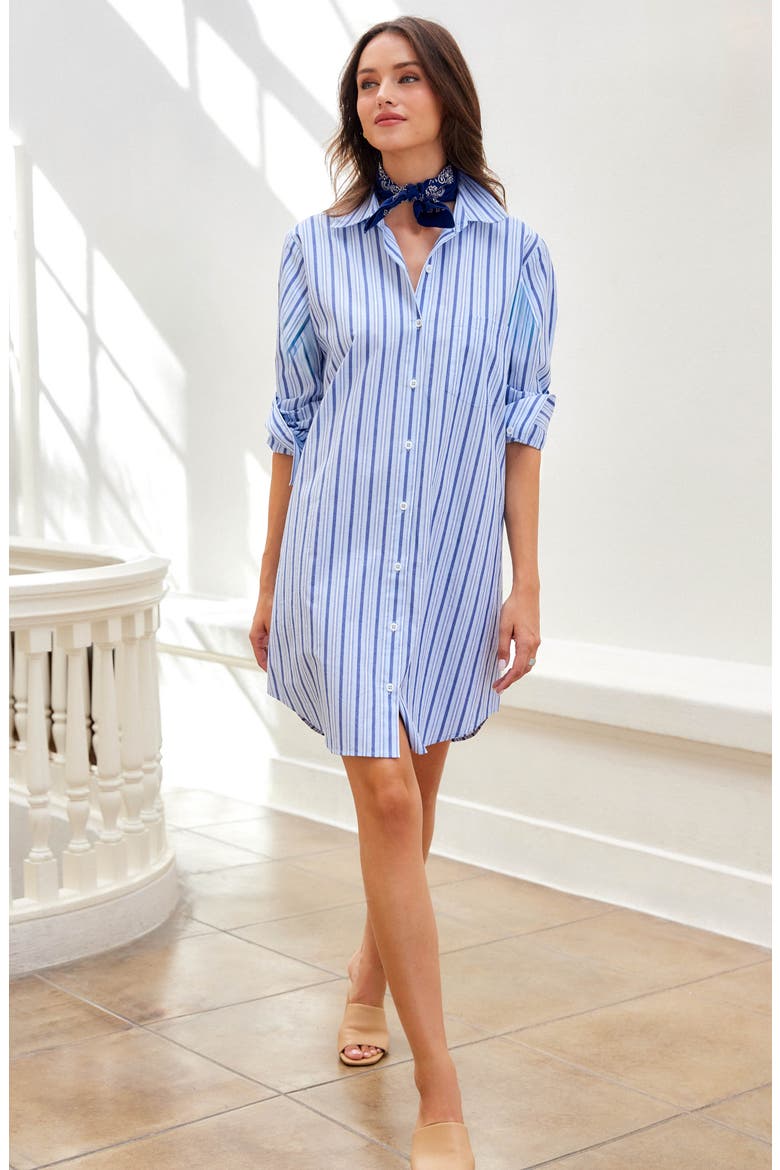 Stripe Long Sleeve Cotton Blend Shirtdress