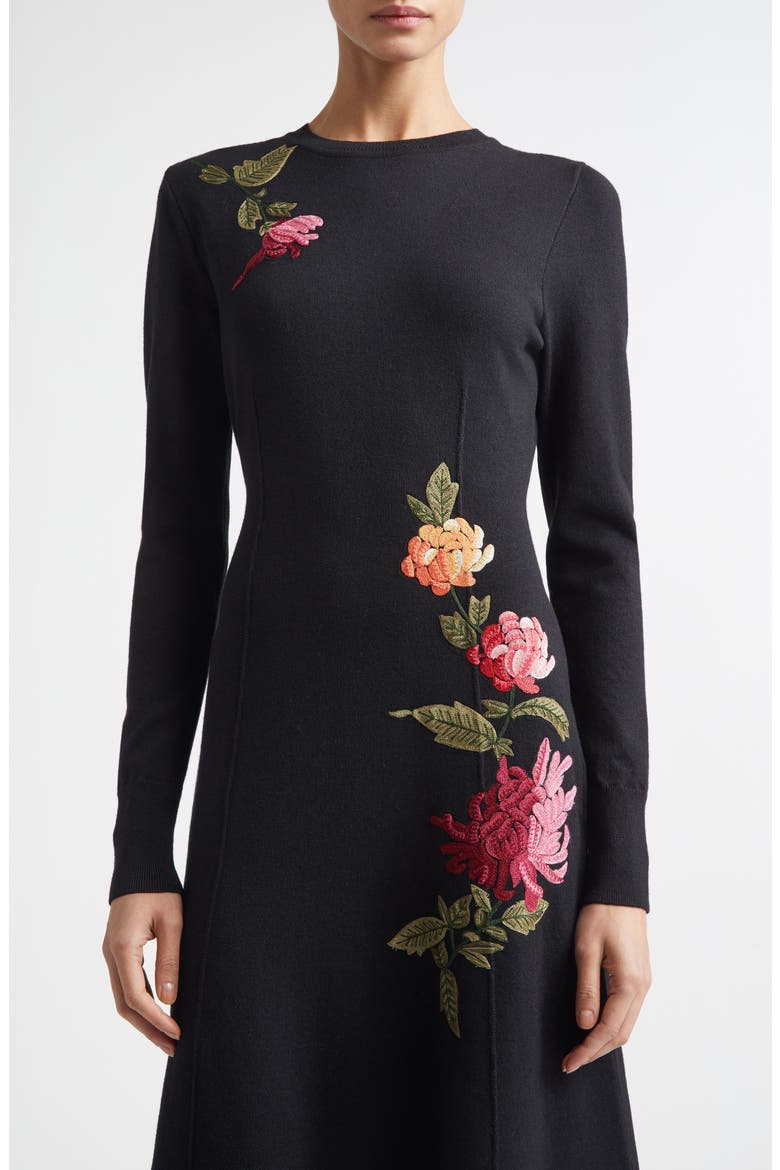 Chrysanthemum Embroidered Long Sleeve Jersey Midi Dress