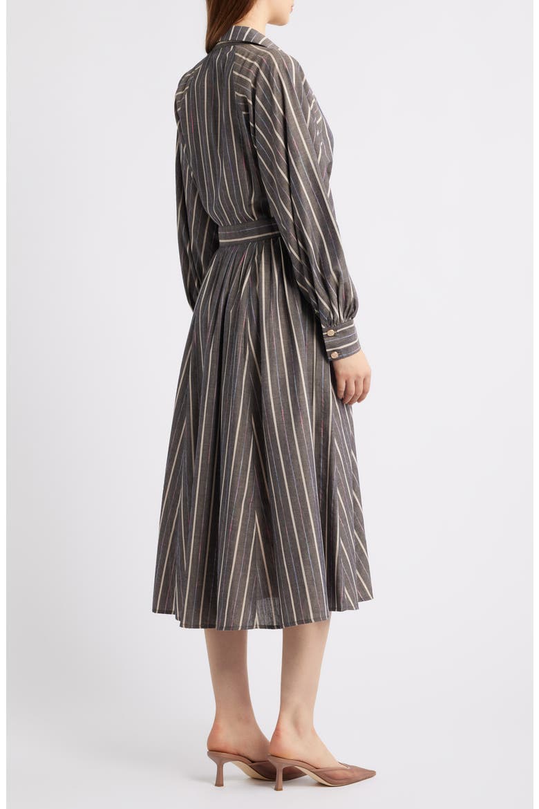 Stripe Pleated Long Sleeve Midi Shirtdress
