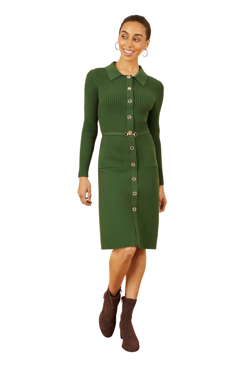 Belted Rib Knit Midi Dress With Pockets