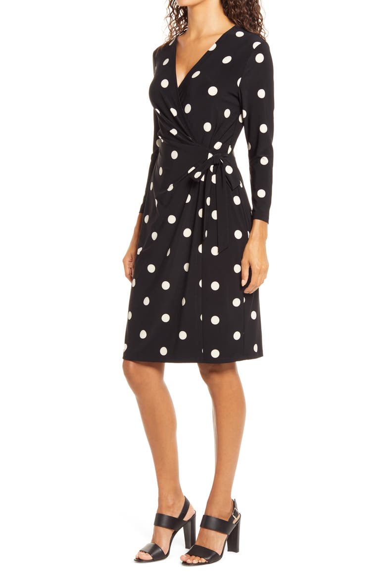 Dot Print Long Sleeve Wrap Dress