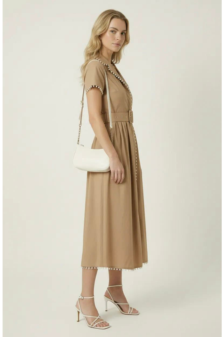 Short Sleeve Collared Midi Dress with Pearl Details and Statement Belt