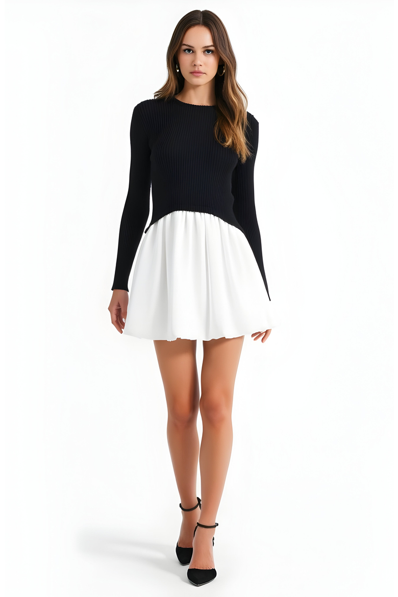 Knit and Woven Fit-and-Flare Mini Dress with Ribbed Long Sleeve Top