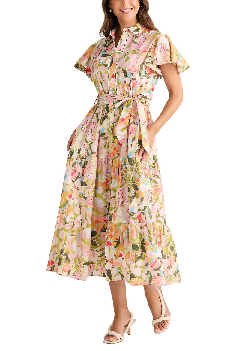 Alice Floral Flutter Sleeve Tiered Cotton Shirtdress