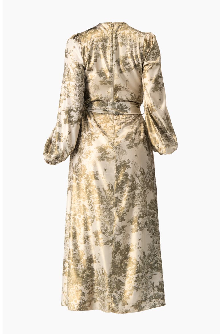 Botanical Print Satin, Long Sleeve Belted Keyhole Midi Dress