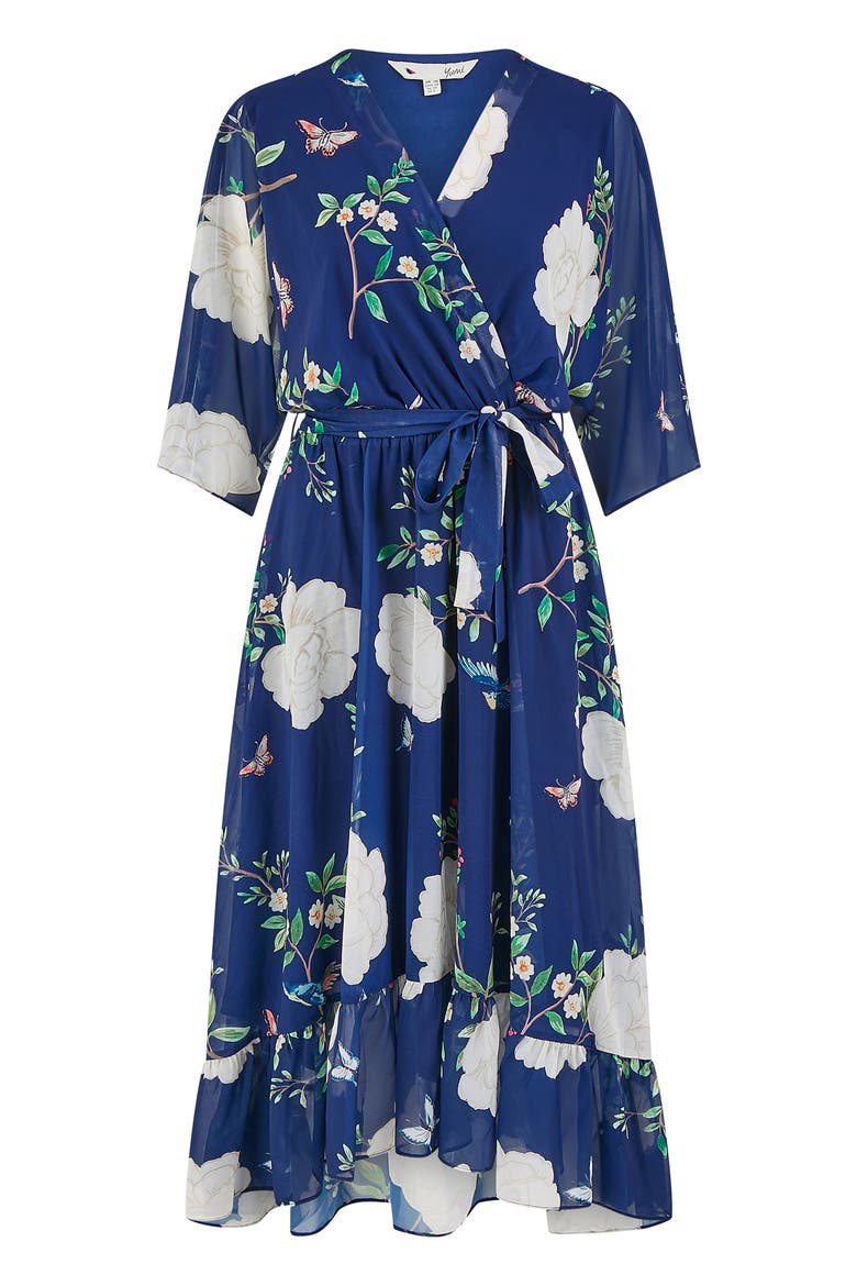 Bird And Floral Print Midi Wrap Dress