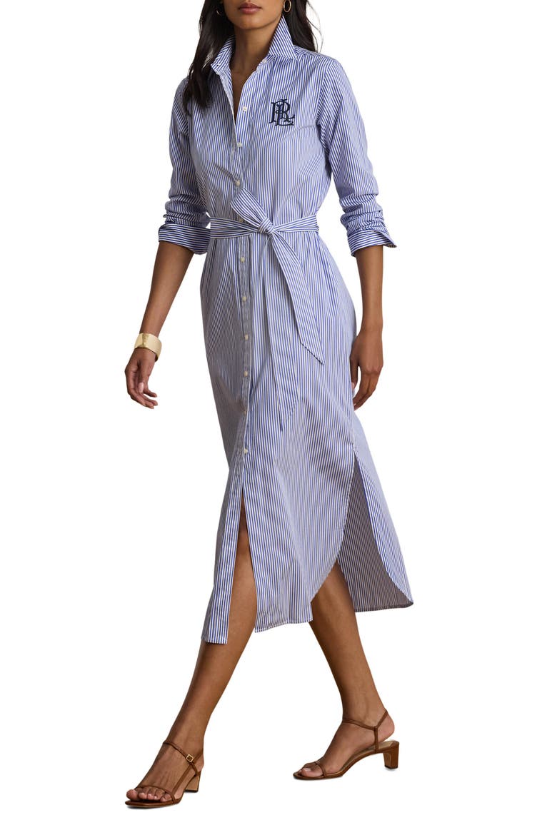 Amity Embroidered Logo Stripe Long Sleeve Cotton Midi Shirtdress