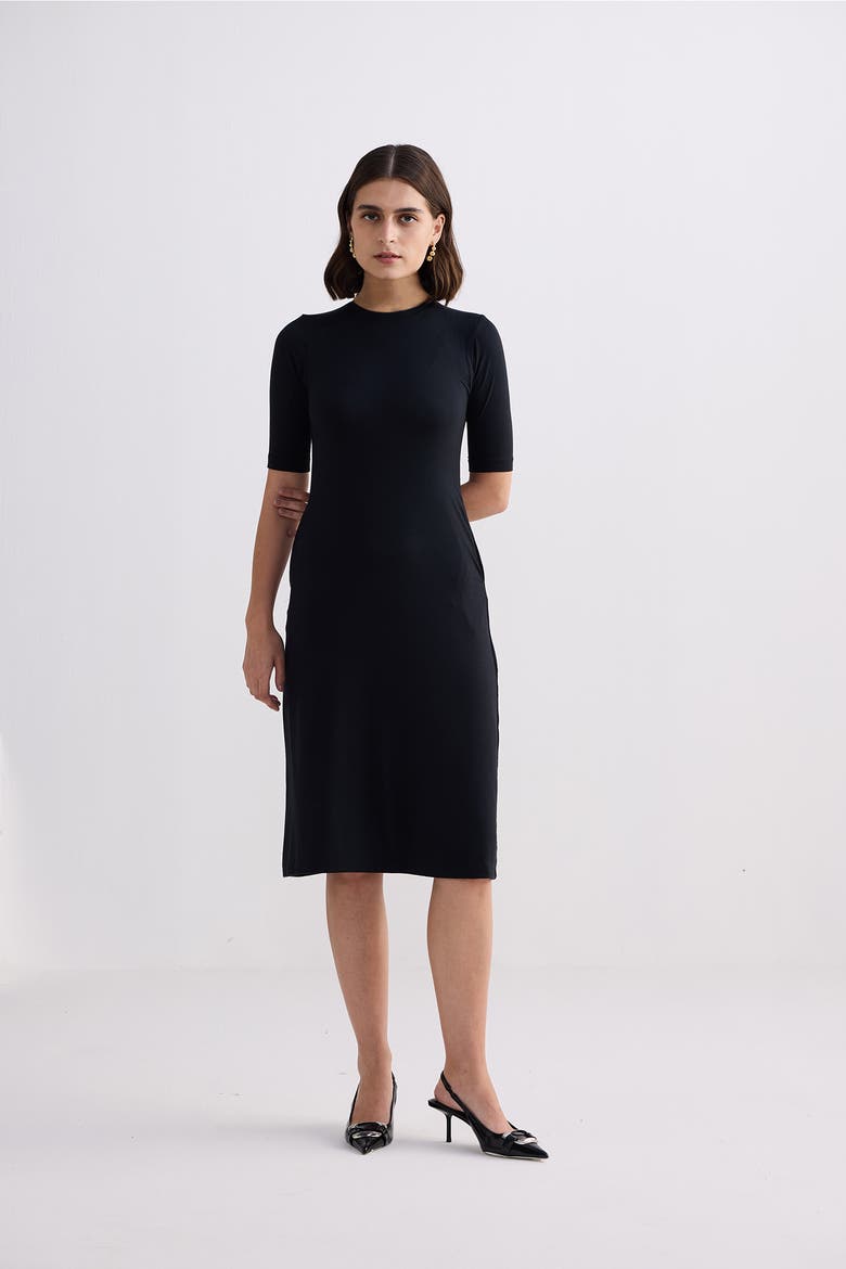 High Crew Neck Fitted Dress with Elbow Sleeves