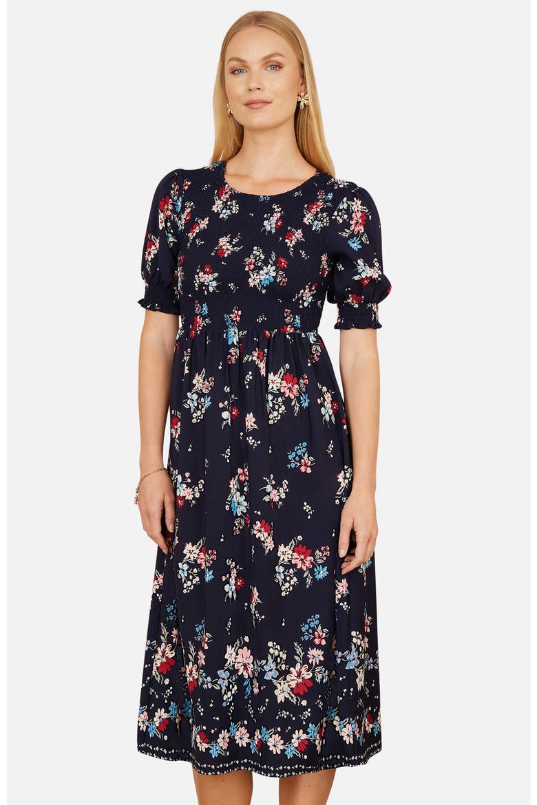 Smocked Bodice Floral Ruched Midi Dress