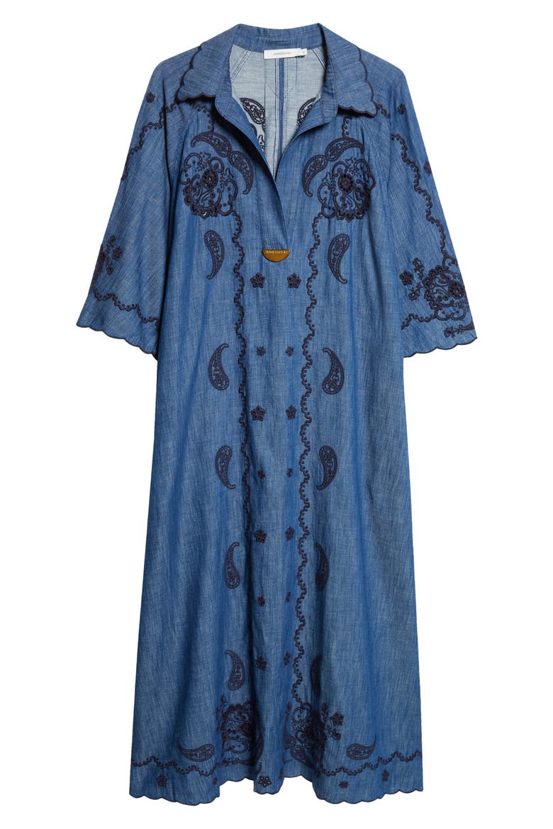 Aster Paisley Embroidered Denim Midi Dress