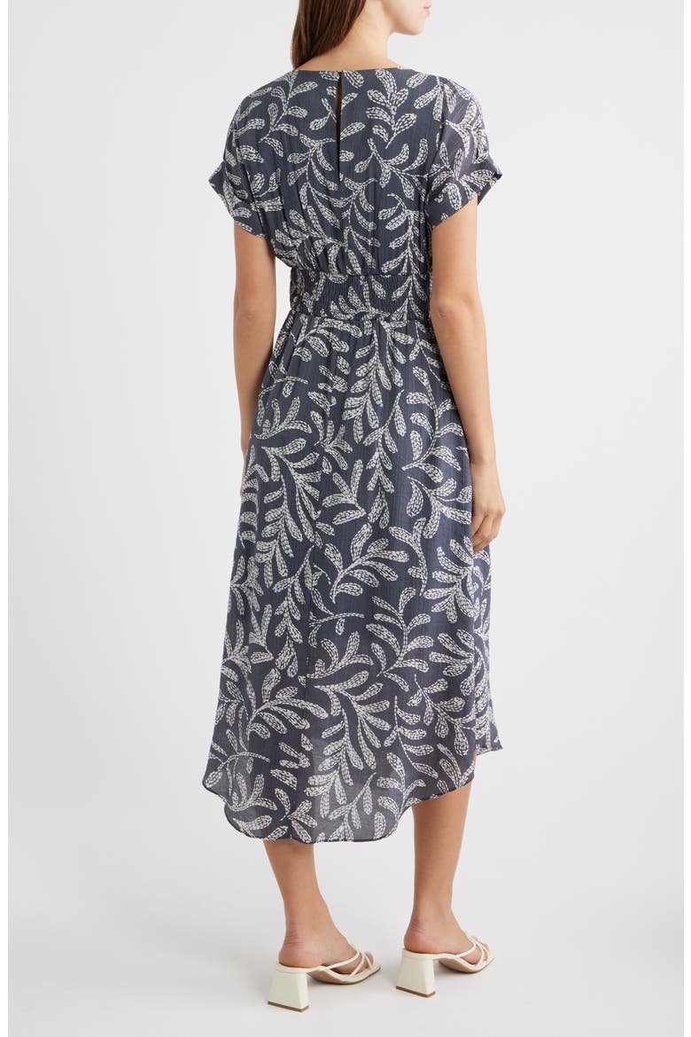 Leaf Print Smock Waist Midi Dress