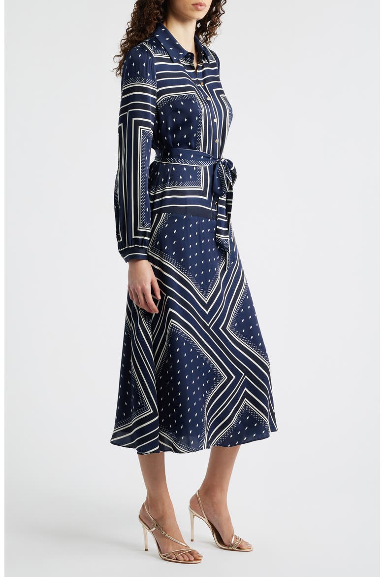 The Hollie Diamond Rain Print Long Sleeve Silk Blend Midi Shirtdress