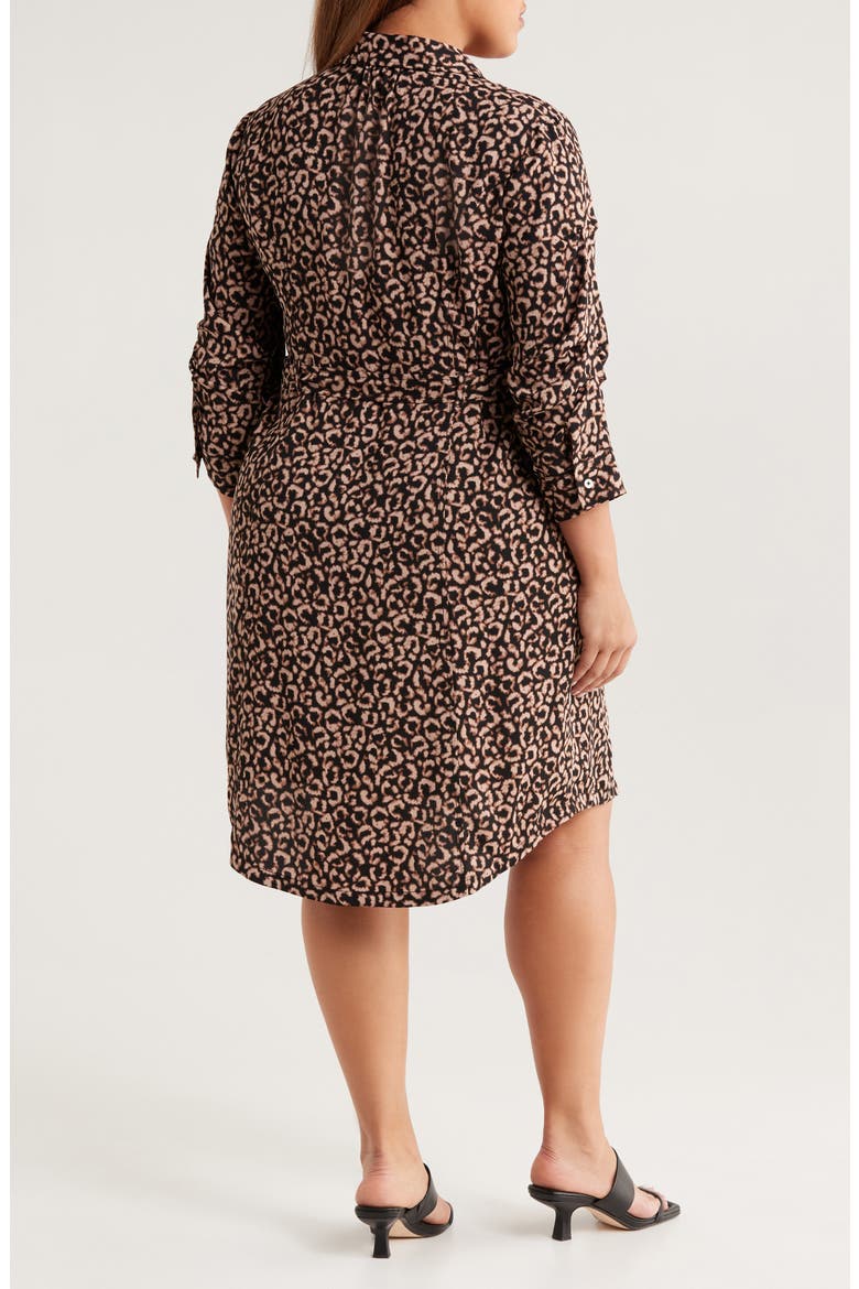 Abstract Animal Print Ruched Sleeve Trench Shirtdress
