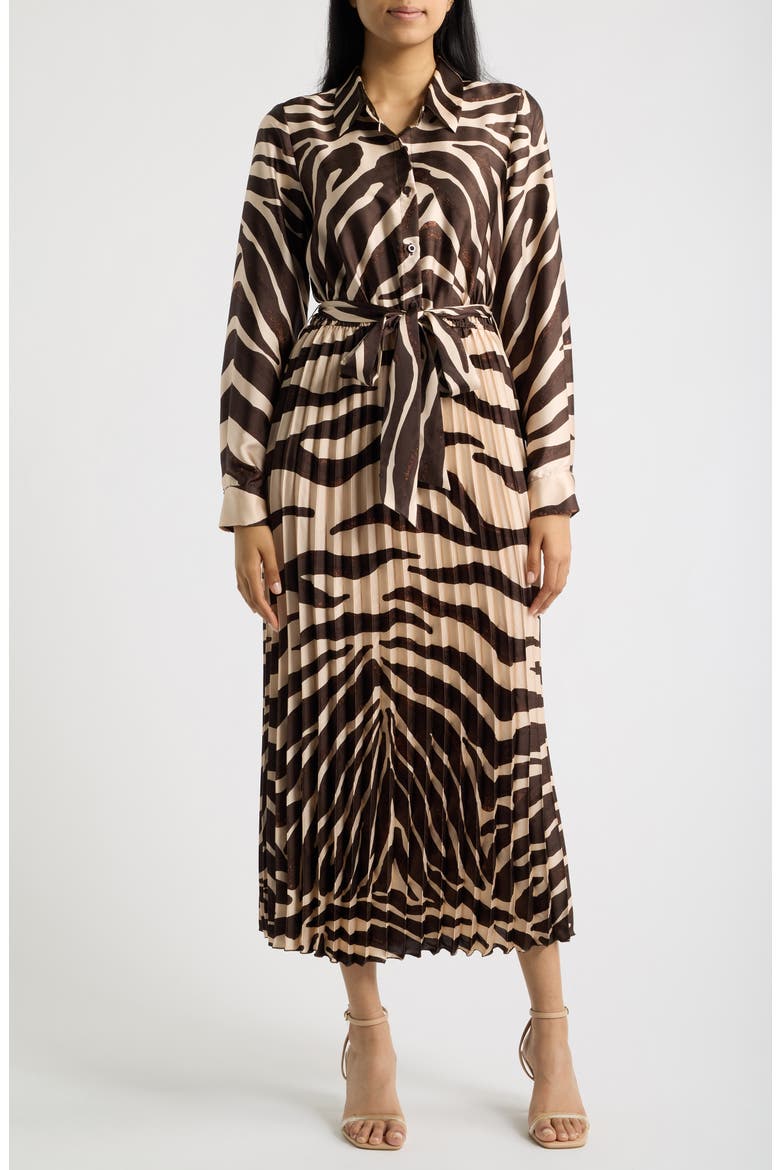 Zebra Print Long Sleeve Pleated Maxi Shirtdress