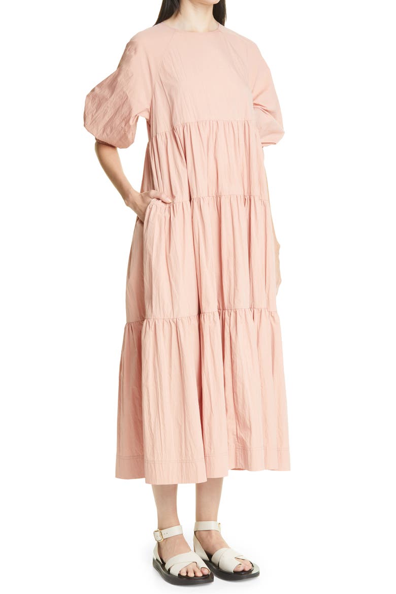 Tiered Bubble Sleeve Midi Dress