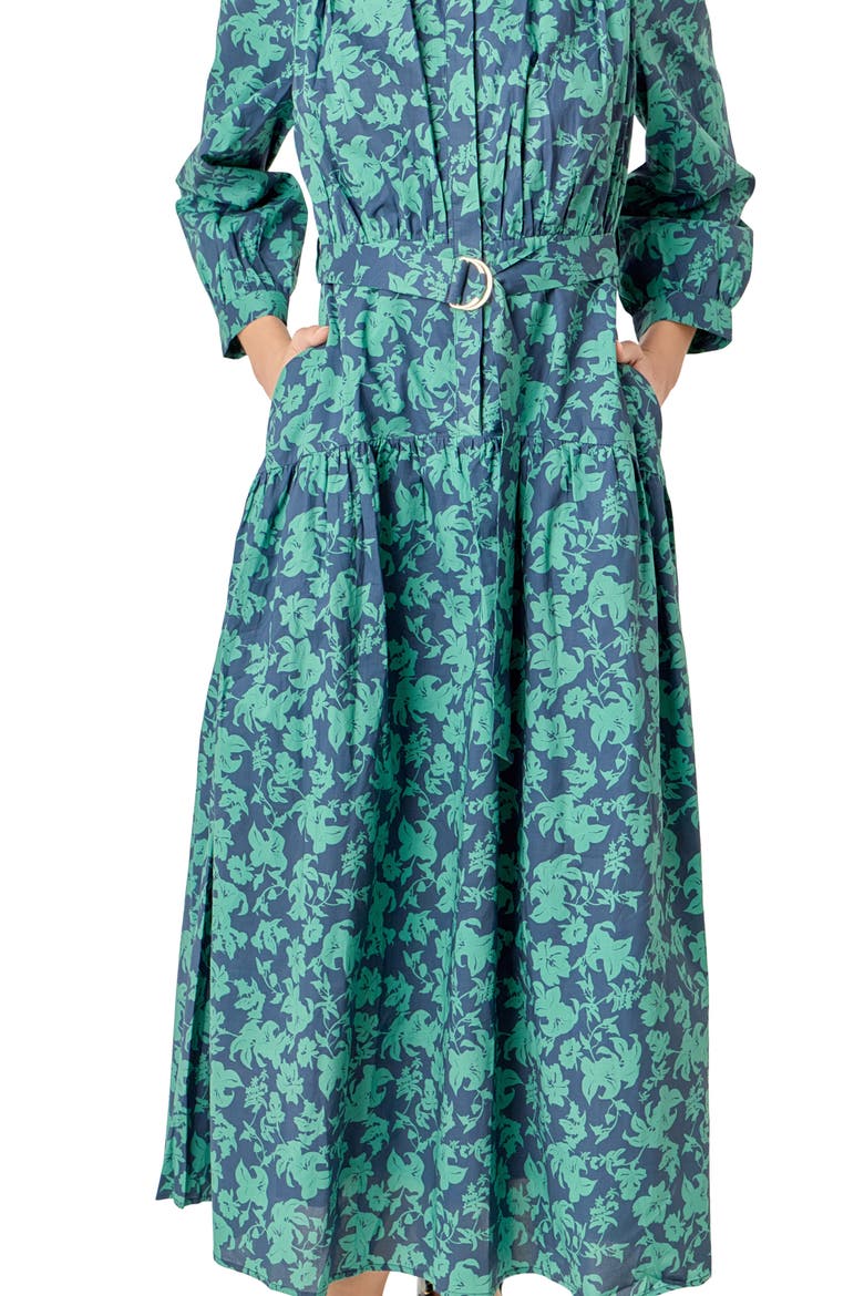 Belted Tiered Print Long Sleeve Cotton Midi Dress