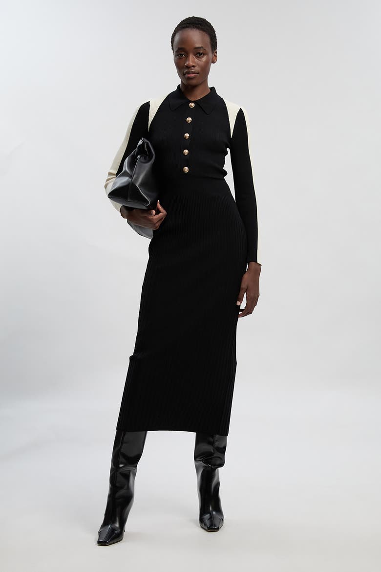 Rib Knit Long Sleeve Military Midi Dress