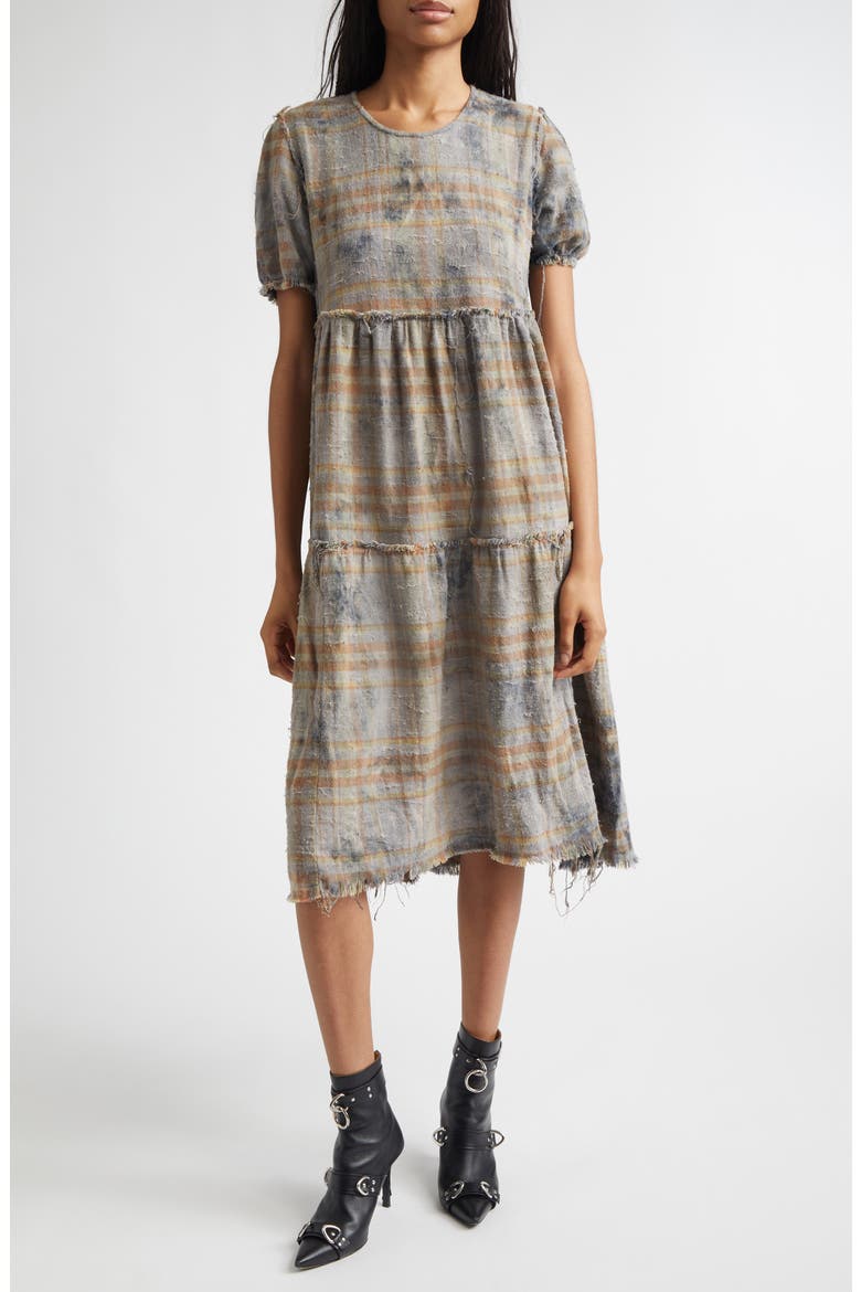 Plaid Shredded Relaxed Cotton Flannel Midi Dress