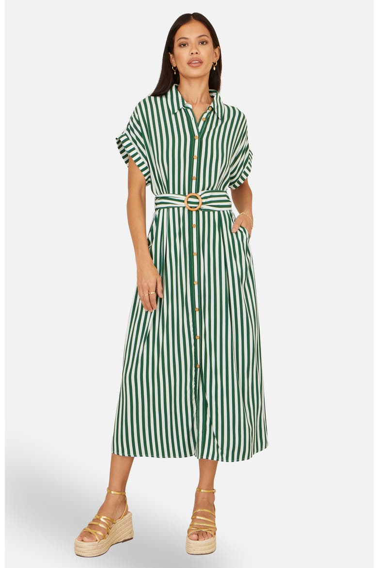 Stripe Print Belted Midi Shirt Dress