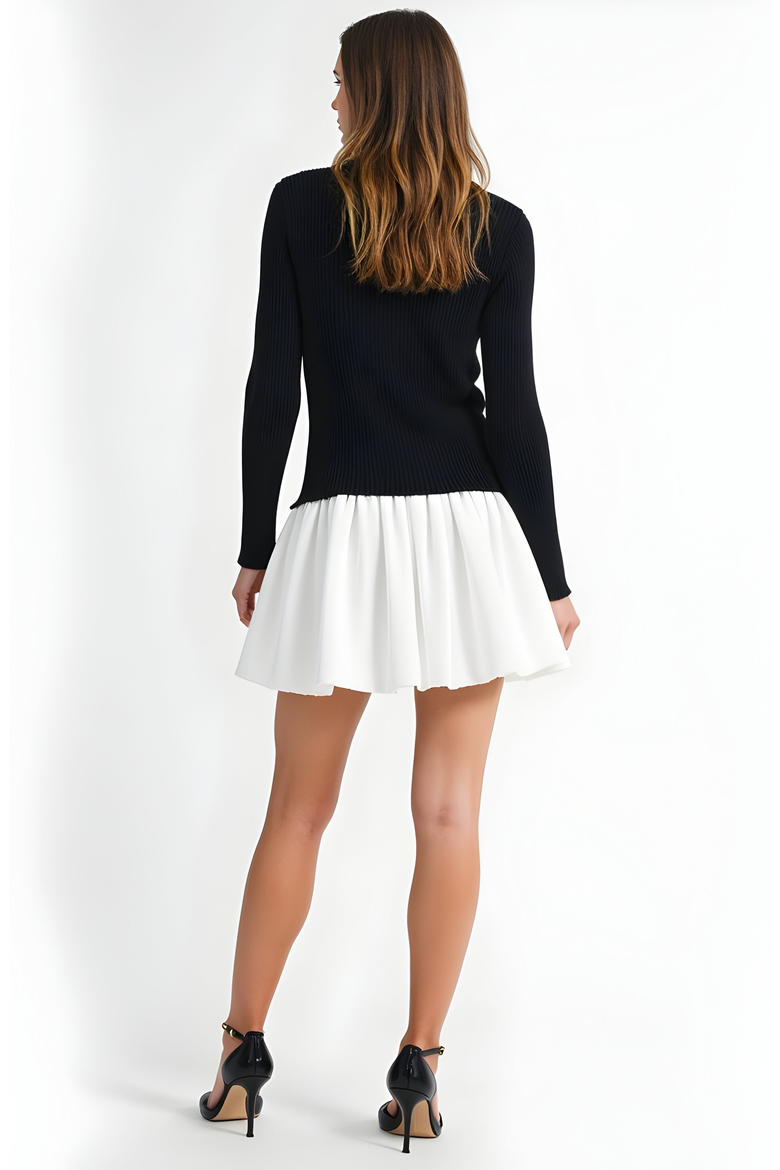 Knit and Woven Fit-and-Flare Mini Dress with Ribbed Long Sleeve Top