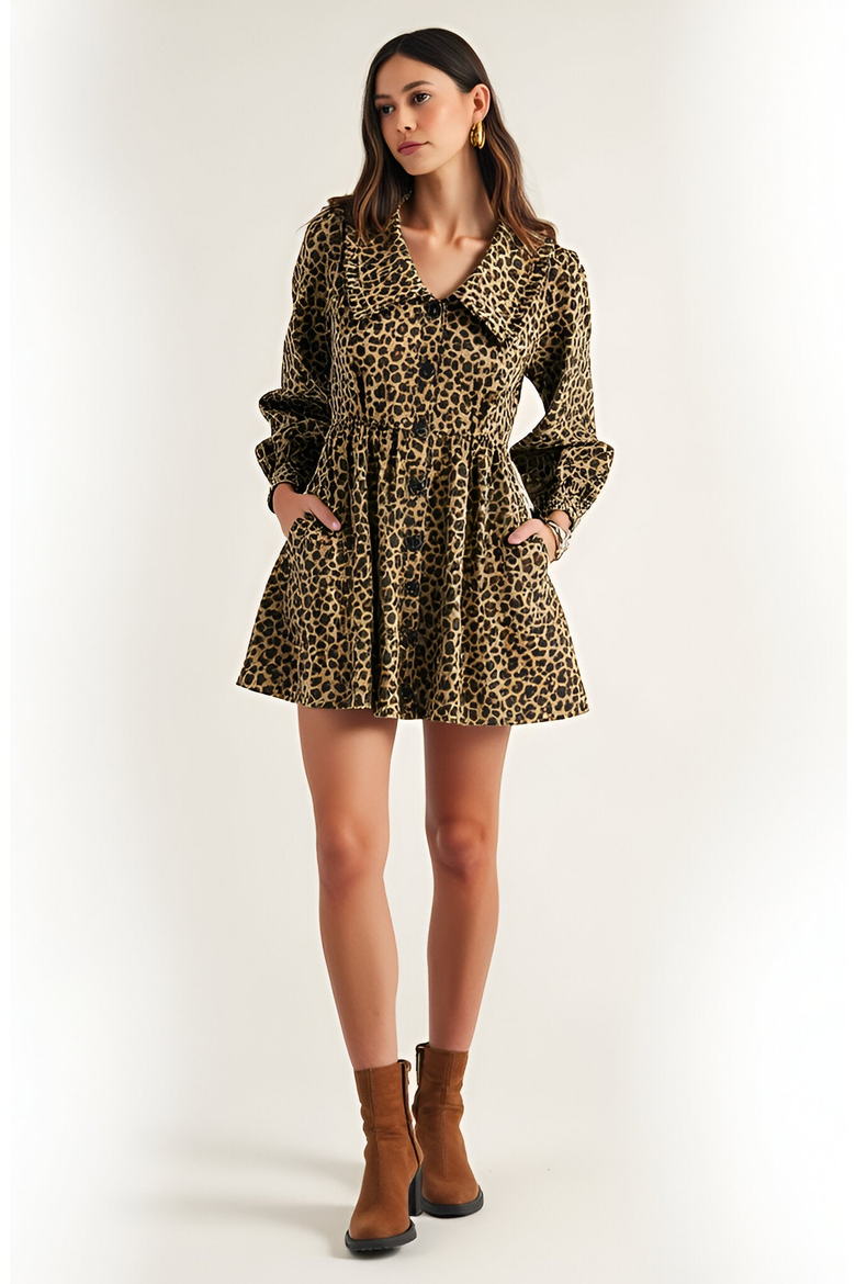 Leopard Print Long Sleeve Mini Dress with Oversized Collar