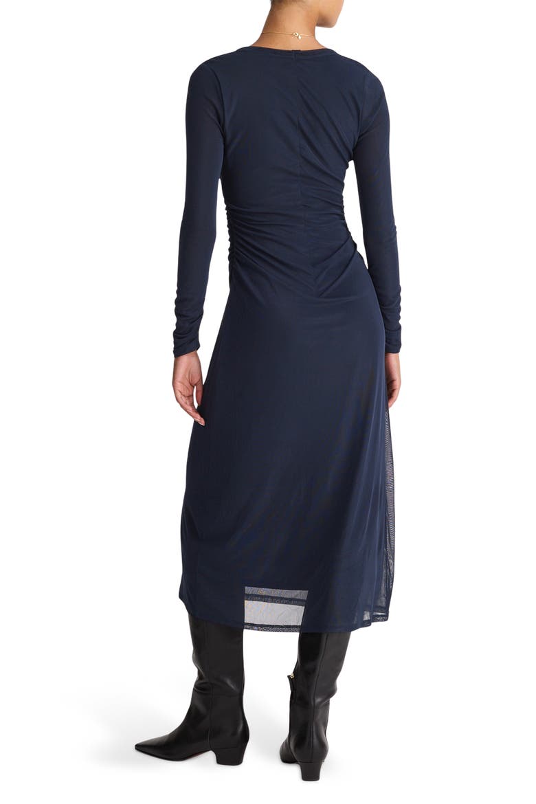 Long Sleeve Ruched Mesh Midi Dress