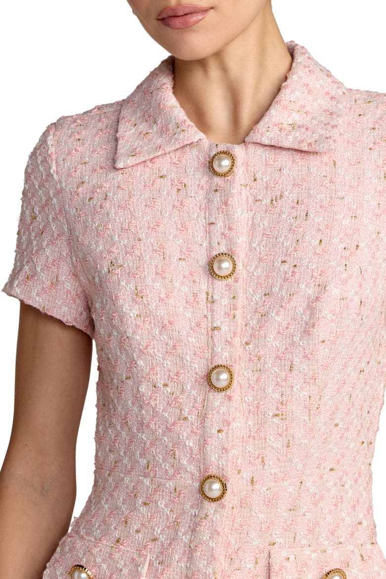 Bouclé Cap Sleeve Button Up Pleated Mini Dress